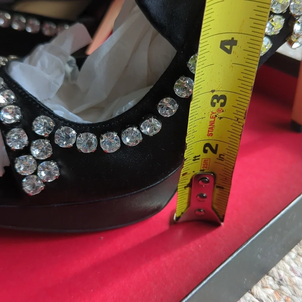 Pour la Victoria Glada Black Satin Heels with Rhinestone Detailing